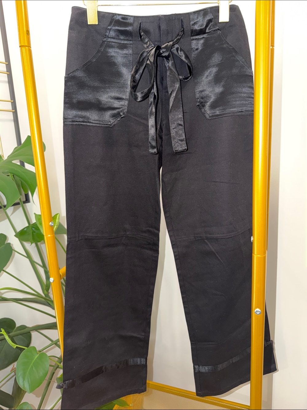 Women's Black Boot-Cut Satin-Trim Pants